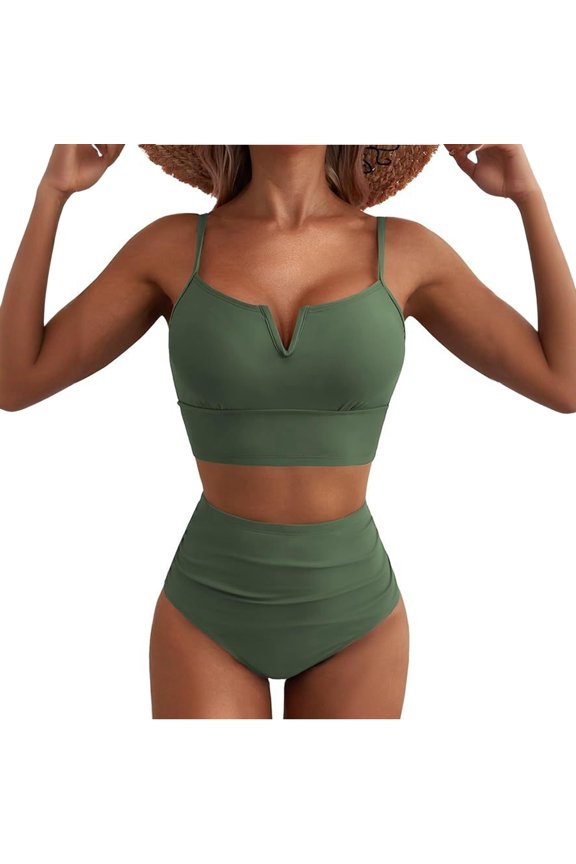 Women’s Two Piece V Wire Bikini Set with High Waist Bottoms and Adjustable Spaghetti Straps for Beach or Poolwear Army Green M