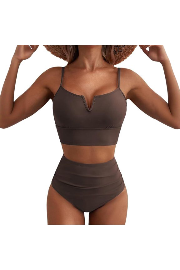 Women’s Two Piece V Wire Bikini Set with High Waist Bottoms and Adjustable Spaghetti Straps for Beach or Poolwear Coffee M