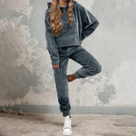 Women's Two Piece Velvet Outfit Set Hooded Long Sleeve Top and Long ...