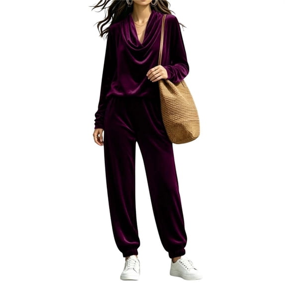 Women's Two Piece Velvet Outfits Cowl Neck Long Sleeve Tops Elastic Waist Joggers Fashion Loose Lounge Set (L, Purple)
