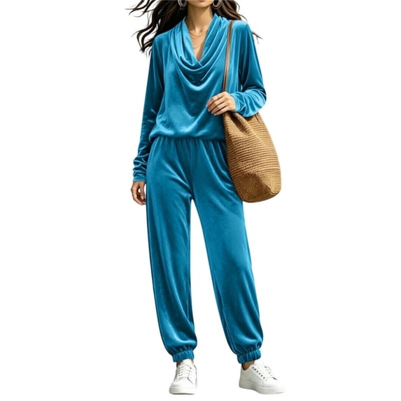 Women's Two Piece Velvet Outfits Cowl Neck Long Sleeve Tops Elastic Waist Joggers Fashion Loose Lounge Set (XL, Sky Blue)