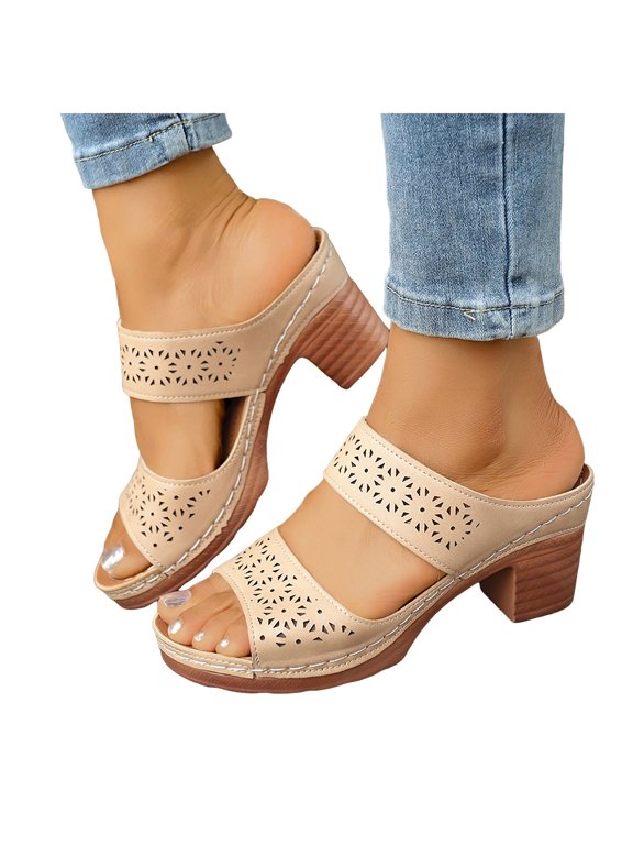 Women's Two Strap Heeled Sandals Open Toe Low Chunky Heels Dress Sandal Casual Pumps Summer Backless Mules Beige Size 6.5