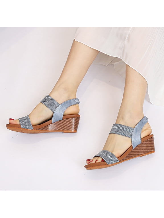 Women's Two Strap Wedge Sandals, Open Toe Elastic Back Platform Wedges, Comfortable Summer Shoes for Vacation, Wedding, Daily Wear Blue 37