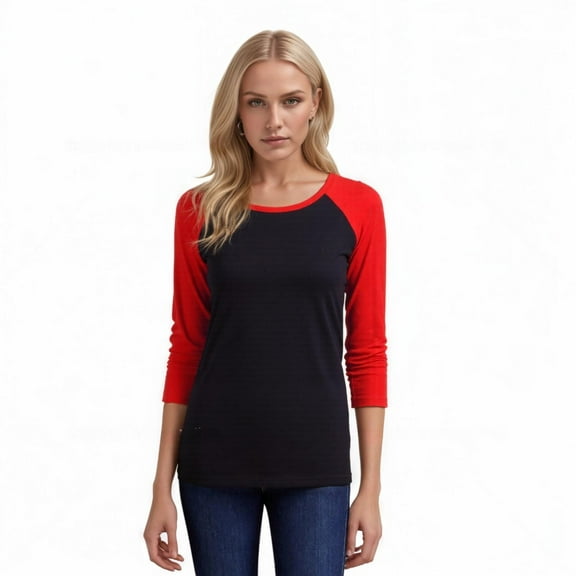 Women's Two Tone 3/4 Sleeve Raglan Baseball Shirt / Baseball Tee, Black/Red L