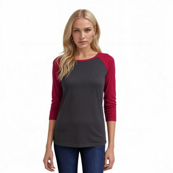 Women's Two Tone 3/4 Sleeve Raglan Baseball Shirt / Baseball Tee, Charcoal Gray/Burgundy M
