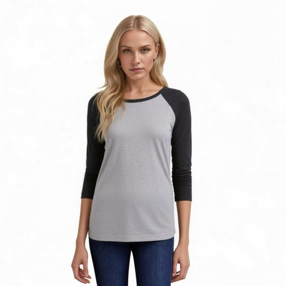 Women's Two Tone 3/4 Sleeve Raglan Baseball Shirt / Baseball Tee, Light Heather/Charcoal Gray S