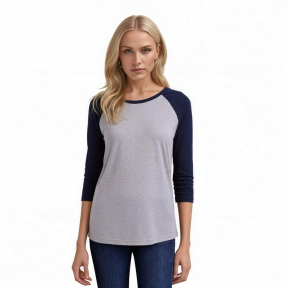 Women's Two Tone 3/4 Sleeve Raglan Baseball Shirt / Baseball Tee, Light Heather/Navy L