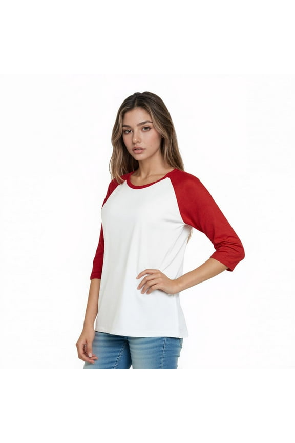 Women's Two Tone 3/4 Sleeve Raglan Baseball Shirt / Baseball Tee, White/Red M