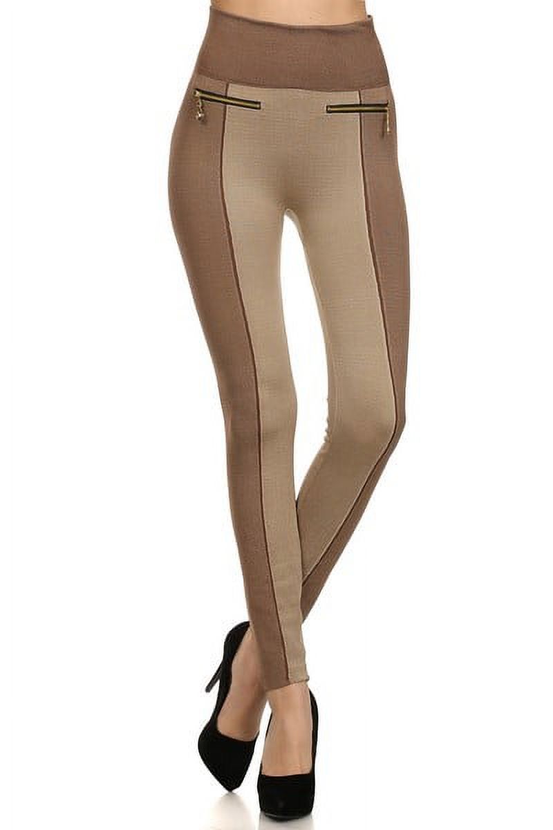 Women's Two-Tone 4" High Rise Leggings with Double Zipper, Khaki