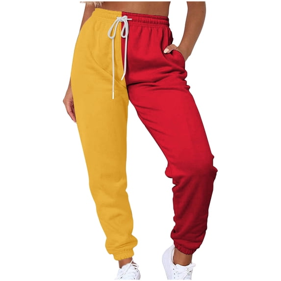Women's Two Tone Colorblock Sweatpants High Waist Drawstring Long Pants with Pockets Joggers Sweatpants Red XL