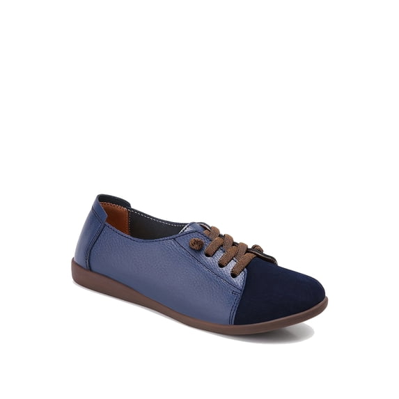 Women's Two-Tone Genuine Leather Casual Shoes - Comfortable Slip-On Flat Walking Shoes with Brown Laces