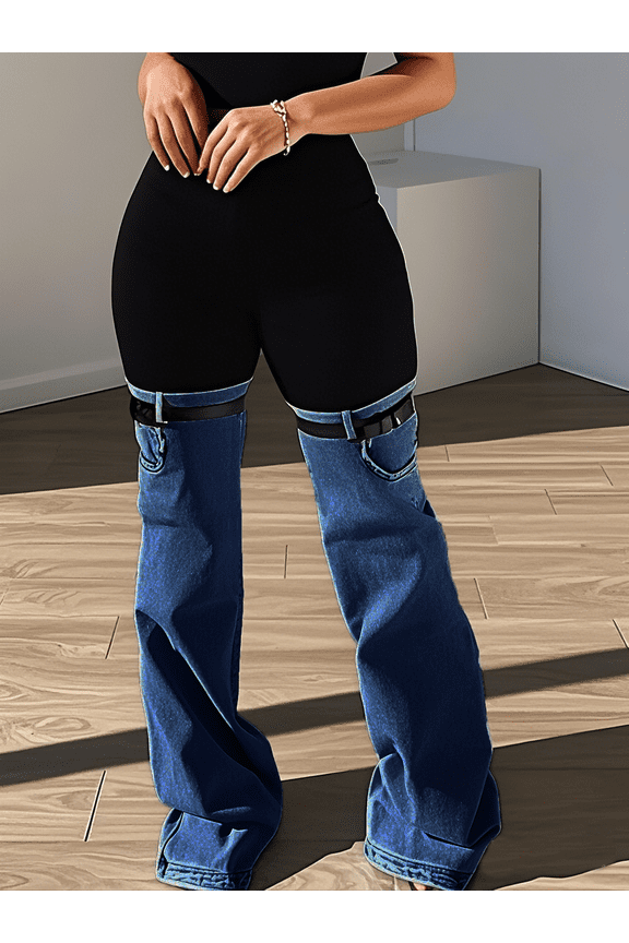 Women’s Two-Tone High Waist Casual Pants Black Knit & Denim Panel Slight Flare Leg Pants with Buckle Detail