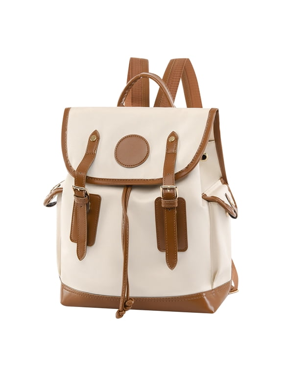 Women's Two Tone Oxford Backpack Large Capacity Casual Daypack With Faux Leather Trim Flap Drawstring Closure Multi Pocket Travel Bag Contrasting Color Lightweight Travel Backpack For School Work