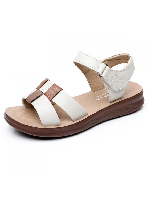 Women's Two-Tone PU Wedge Sandals, Adjustable Hook-and-Loop Ankle Strap Casual Footwear