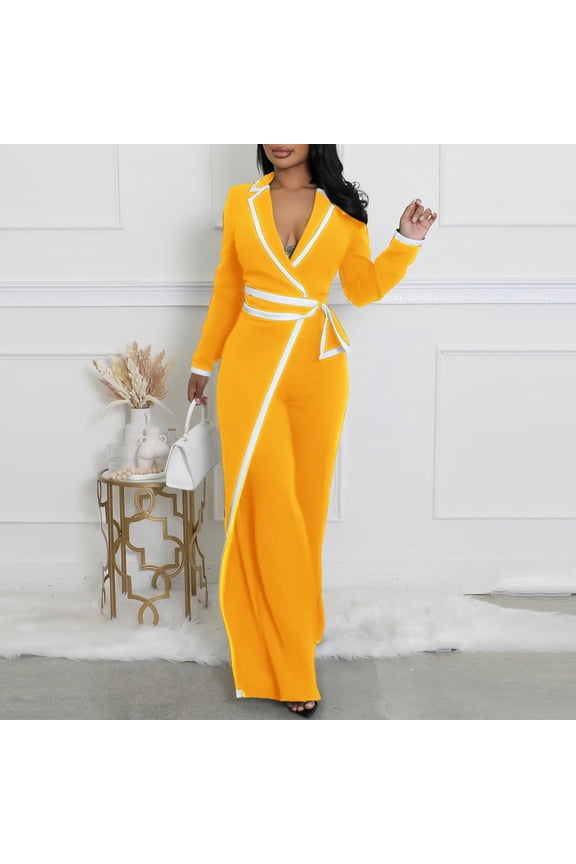 Women's Two-Tone Patchwork Long-Sleeve Jumpsuit with Wrap-Front Design Featuring a Waist Tie Detail Long Sleeves with a Notch Neckline and Padded Shoulders for a Relaxed Silhouette Yellow S