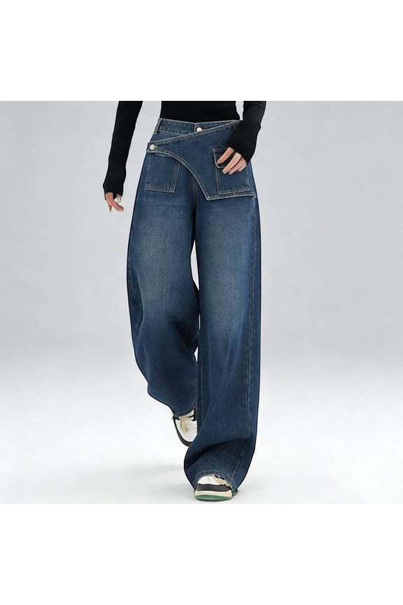 Women's Two Tone Patchwork Wide Leg Jeans Loose Straight Fit Layered Design Denim Trousers Flattering For Pear Shaped Casual Daily Wear Blue S