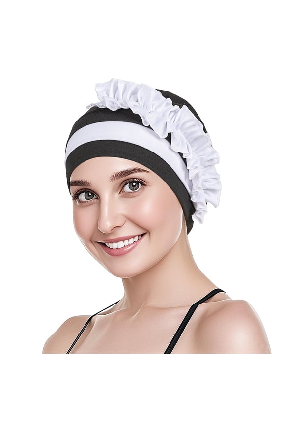 Women's Two-Tone Ruffled Flower Headwrap Hat - Pre-Tied Stretch Cap for Daily, Sleep & Chemo Use