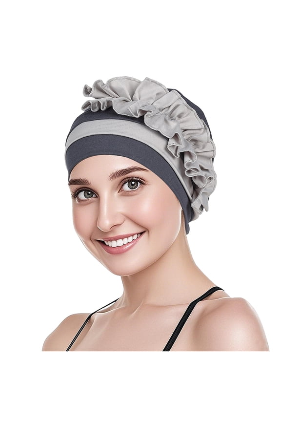 Women's Two-Tone Ruffled Flower Headwrap Hat - Pre-Tied Stretch Cap for Daily Wear, Sleep, Chemo Support