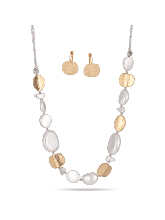 18" Two-Tone Gold and Silver Irregular Disc Statement Necklace and Earring Set for Women | Elegant Fashion Jewelry Gift for Her