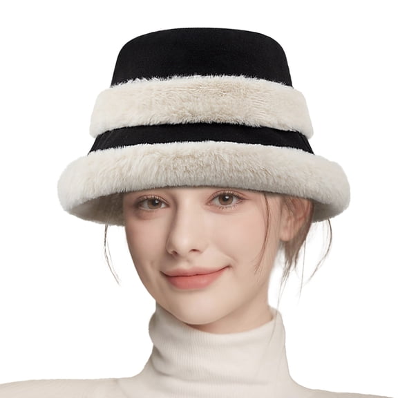 Women's Two-Tone Winter Fleece Bucket Hat, Thick and Durable, Wide Brim Design, Warm and Washable, Suitable for Various Occasions, and an Ideal Gift for the Holidays (Black/Beige)