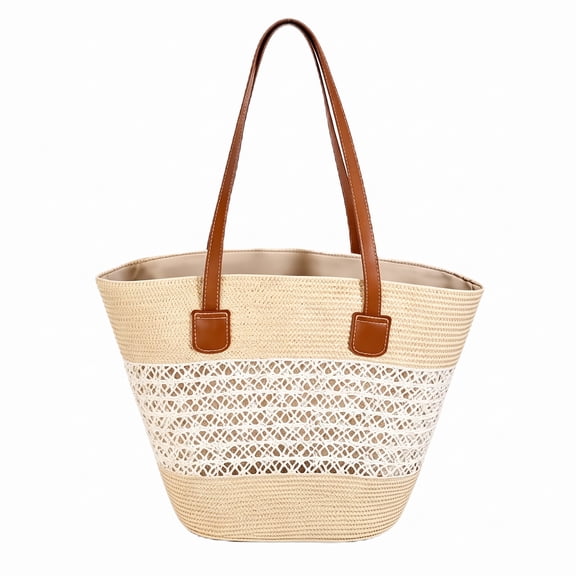 Women's Two-Tone Woven Straw Tote Bag with Faux Leather Handles Summer Beach Handbag, Beige