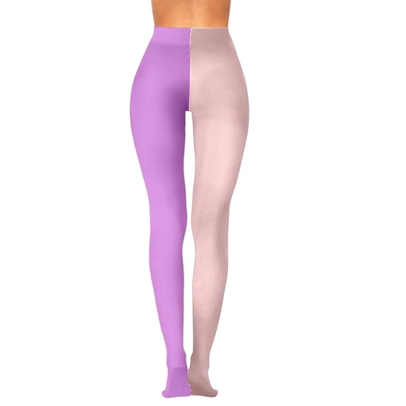 Women's Two Toned Halloween Tights, Contrast Color Opaque Pantyhose Cosplay Footed Leggings, Reinforced Toe One Size Split Color Costume Tights for Comic Con Theme Party Dark Purple One Size