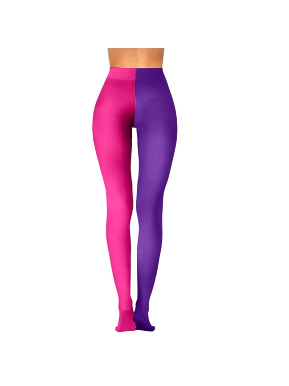 Women's Two Toned Halloween Tights, Contrast Color Opaque Pantyhose Cosplay Footed Leggings, Reinforced Toe One Size Split Color Costume Tights for Comic Con Theme Party Purple One Size