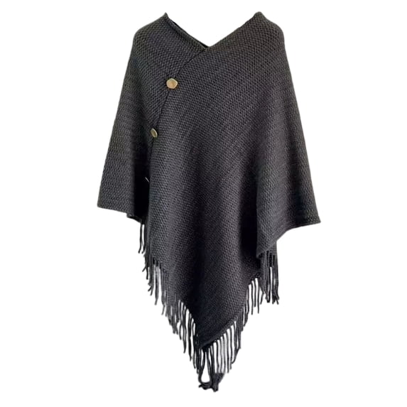 Women's Two Way Knit Poncho Sweater Shawl Pullover Cape Fringe Asymmetrical Hem Button Detail Soft Travel Outer Layer for Vacation Casual Cool Weather Gray