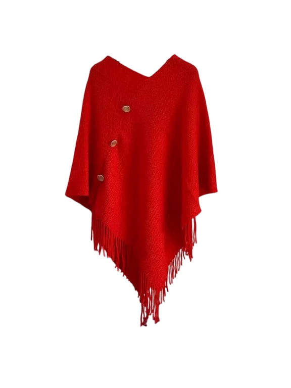 Women's Two Way Knit Poncho Sweater Shawl Pullover Cape Fringe Asymmetrical Hem Button Detail Soft Travel Outer Layer for Vacation Casual Cool Weather Red