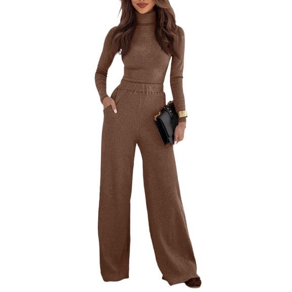 Women's Two-piece Knitwear Set: Turtleneck Knit Pullover   Wide-leg Trousers, Elegant and Cozy for Winter Fashion and Daily Use,Khaki,XL