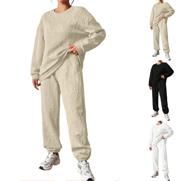 Women's Two-piece Set Long-sleeved Round Neck Top and Tapered Trousers, for Winter Lounge and Everyday Comfort,Khaki,2XL