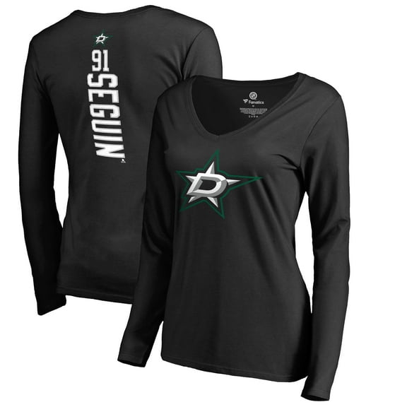 Women's Tyler Seguin Black Dallas Stars Backer Name & Number Slim Fit Long Sleeve V-Neck T-Shirt