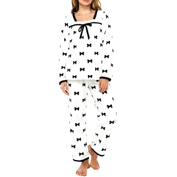Women's U-Neck Flannel Pajama Set, Winter Coral Fleece Sleepwear with Bow Knot Decoration, Princess Style Loungewear for Cold Weather, Cozy Home Wear and Comfortable Sleep Black
