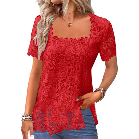 Women's U Neck Lace Blouse, Short Sleeve Solid Color Elegant T-Shirt, Feminine Chic Top for Afternoon Tea or Garden Parties,Red - XL