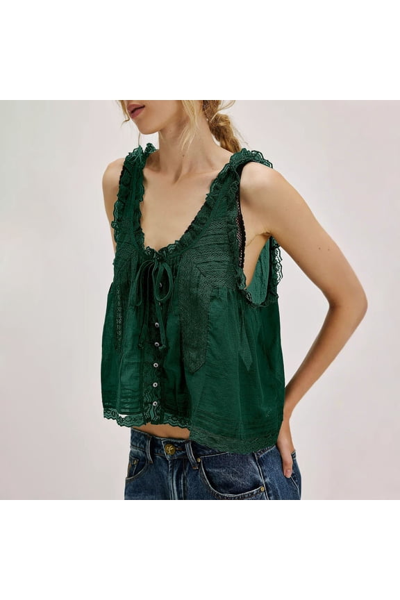 Women's U Neck Lace Camisoles, Sleeveless Ruffled Tie Front Button Down Loose Flowy Boho Crop Tank Tops Daily Casual Outfits, Green L