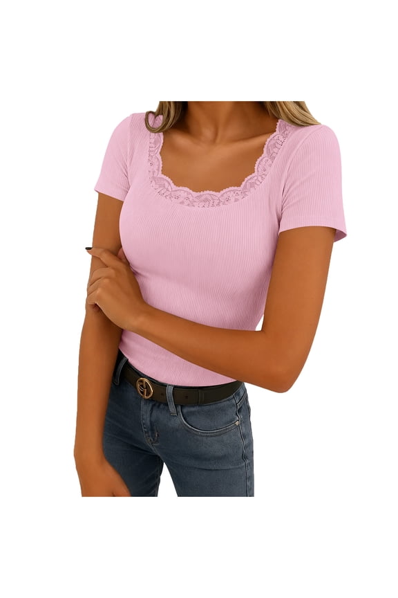 Women's U Neck Lace Short Sleeve Tops Ribbed Fitted Tight T Shirts Casual Basic Tee Summer 2026 Trendy