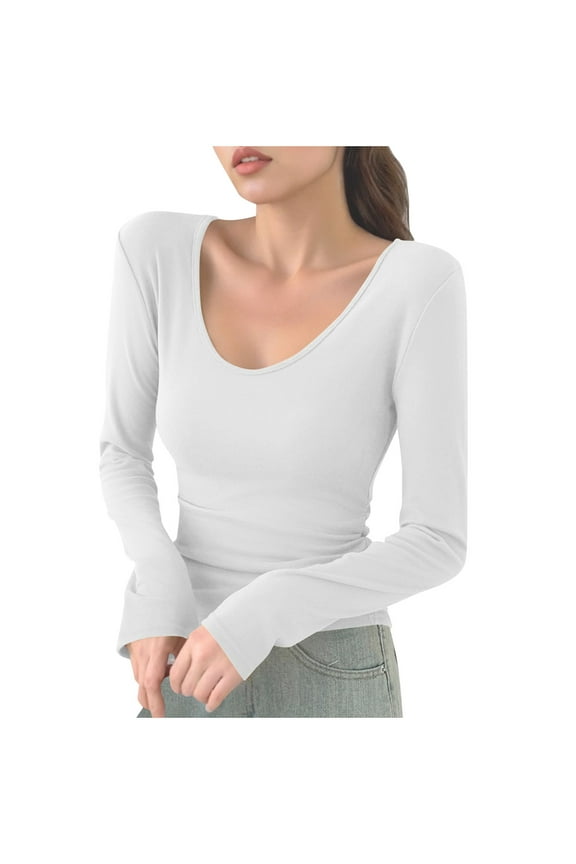 Women's U-Neck Long Sleeve T-Shirt Basic Top for Layering Fall Winter Inner Wear Regular Fit Comfortable Deep Neckline Fashion Top