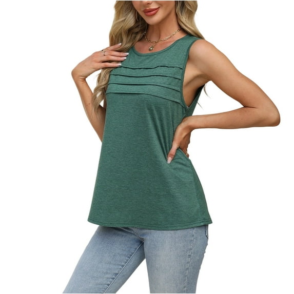 Women’s U-Neck Sleeveless Tank Lightweight Pleated Basic Summer Top