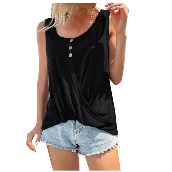 Women's U Neck Tank Tops Summer Sleeveless Loose Casual Button Henley Shirts Twist Hem Solid Color Blouses (5XL, Black)