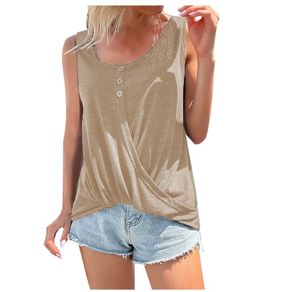 Women's U Neck Tank Tops Summer Sleeveless Loose Casual Button Henley Shirts Twist Hem Solid Color Blouses (XL, Khaki)