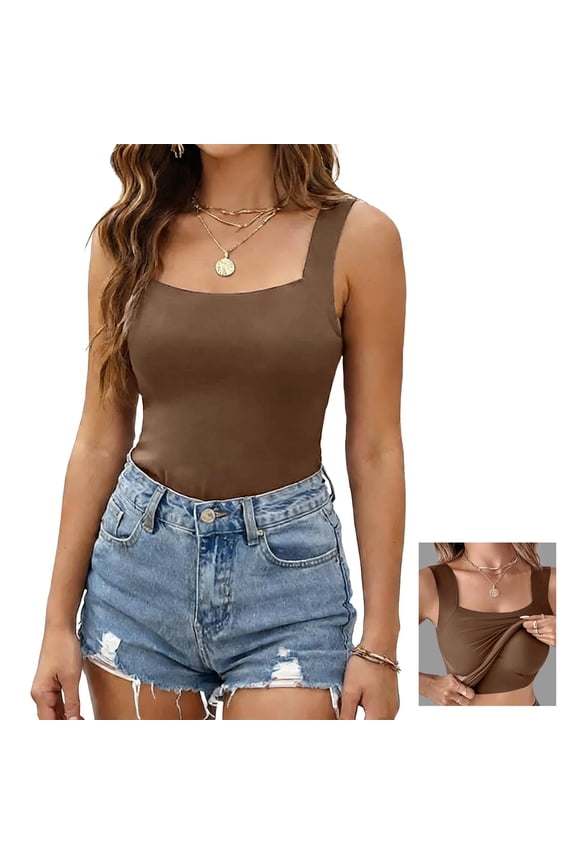 Women's U-Neck Tank Tops with Built-in Bra Sleeveless Slimming Shapewear High Strechy Shirts Light Brown M