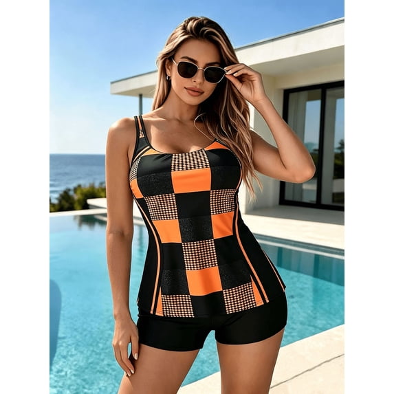 Women's U Scoop Double Strap Athletic Tank Top, Geometric Print Quick Dry Sun Protection Beach Workout Vest