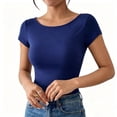 thumbnail image 1 of Women's U-Shaped Backless Short-Sleeve Tops Solid Color Boat Neck Base T-Shirt Bodycon Casual Tees Yoga Workout Tops Navy, 1 of 7