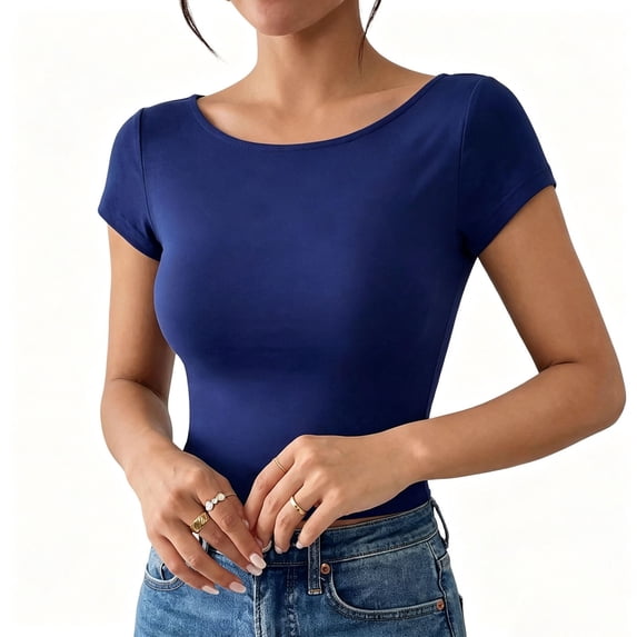 Women's U-Shaped Backless Short-Sleeve Tops Solid Color Boat Neck Base T-Shirt Bodycon Casual Tees Yoga Workout Tops Navy