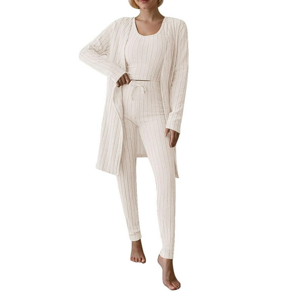 Women's U-neck sleeveless top and stretch-waist drawstring pants and long cardigan long sleeve pit strip texture home clothing three-piece set