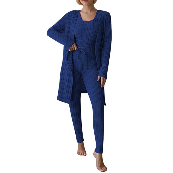 Women's U-neck sleeveless top and stretch-waist drawstring pants and long cardigan long sleeve pit strip texture home clothing three-piece set