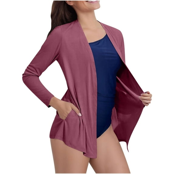Women's UPF 50+ Cardigan Open Front Long Sleeve Sunshirt Jacket Cooling Lightweight Sun Wraps Shrugs with Pockets (L, Purple)