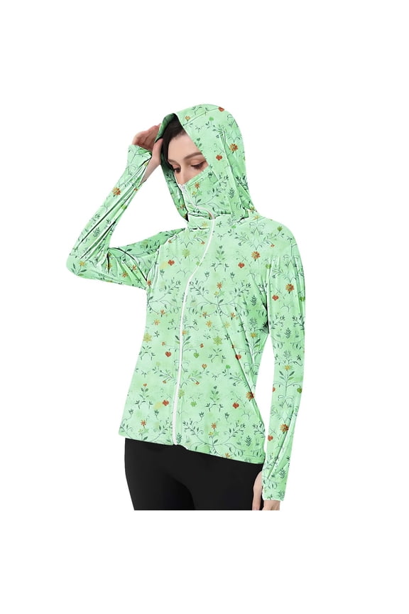 Women's UPF 50+ Ice Silk Sun Hoodie Long Sleeve Lightweight Fishing Shirt with Thumb Holes & Attached Mask, Cooling Hooded Jacket for Outdoor Activities