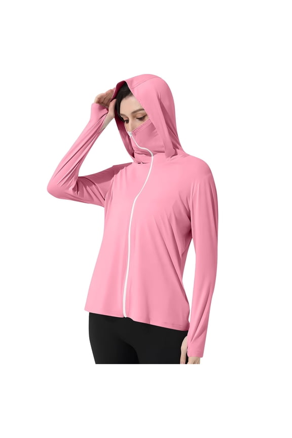 Women's UPF 50+ Ice Silk Sun Hoodie Long Sleeve Lightweight Fishing Shirt with Thumb Holes & Attached Mask, Cooling Hooded Jacket for Outdoor Activities