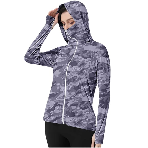 Women's UPF 50+ Ice Silk Sun Hoodie Long Sleeve Lightweight Fishing Shirt with Thumb Holes & Attached Mask, Cooling Hooded Jacket for Outdoor Activities